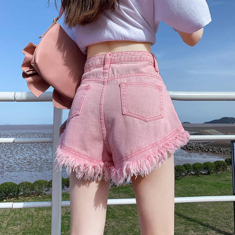 High-Waisted Pink Denim Shorts for Women Summer 2025 New High Street Ins Trendy Loose Raw Edge A-Line Slimming Look Hot Pants
