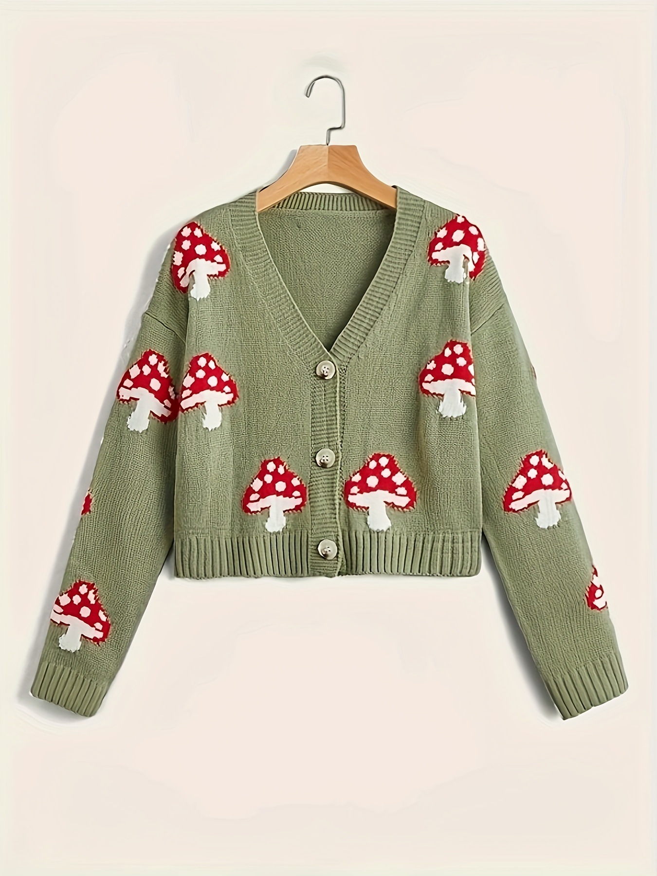 2025 New Mushroom Pattern Cute Button Cardigan Knit Open-Front Sweater Loose Design Niche Sweater for Outerwear