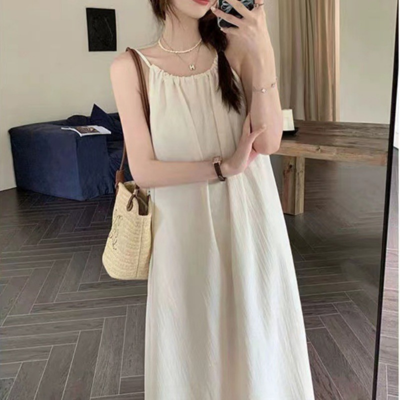 (With pockets) new French style slimming gentle style halter sling dress loose lazy style dress