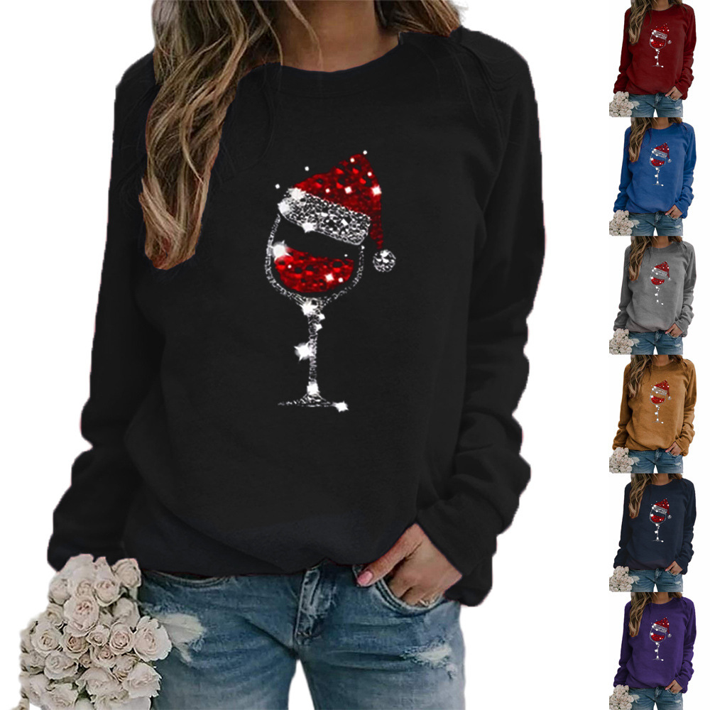 Carney Costume Christmas Cross-Border Women's Sweater Christmas Hat Red Wine Glass Pattern Printed Round Neck Long Sleeve Sweater