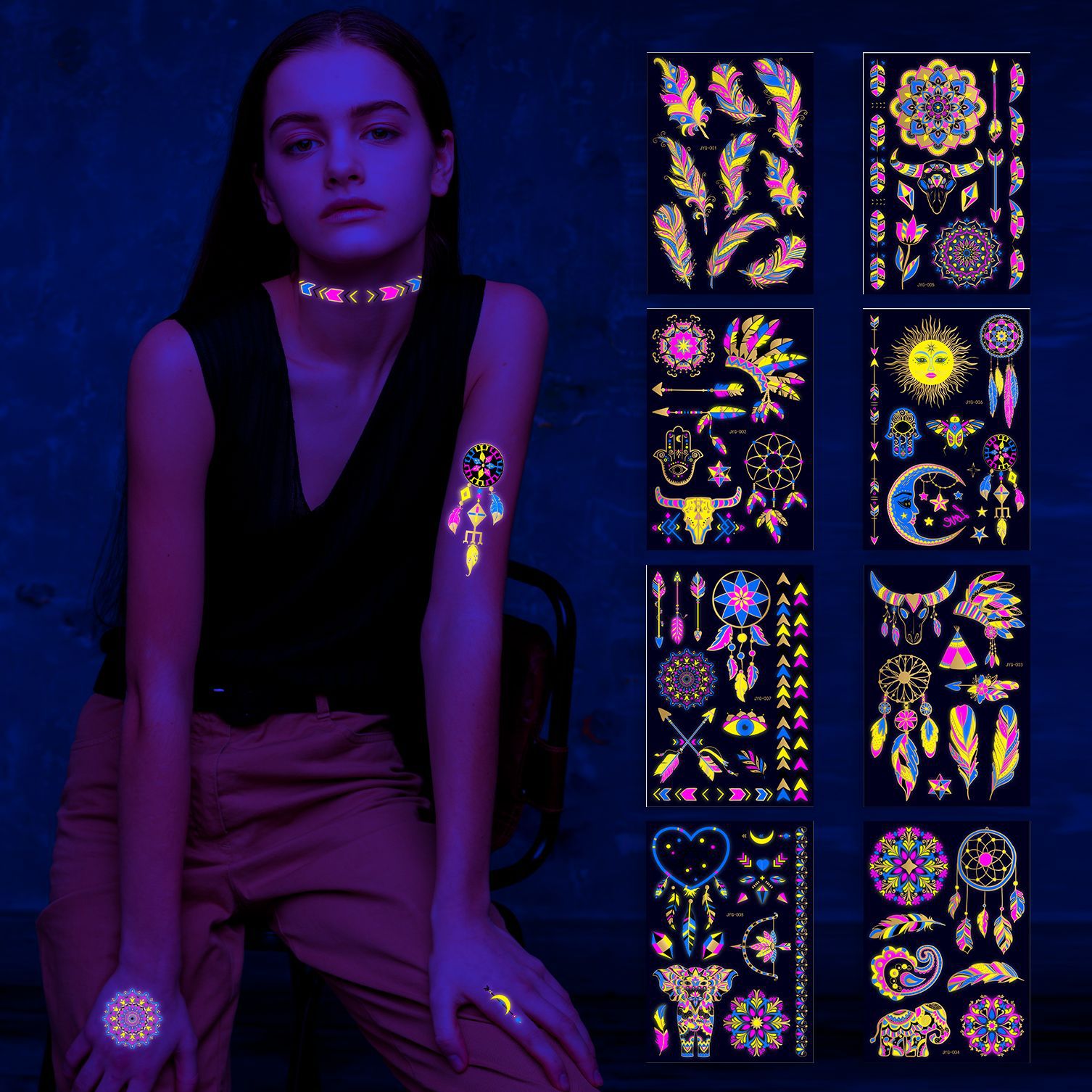2025 Cross-Border Fluorescent Gold Foil Arm Tattoo Stickers Face Stickers Waterproof Feather Arm Tattoo Stickers American Style