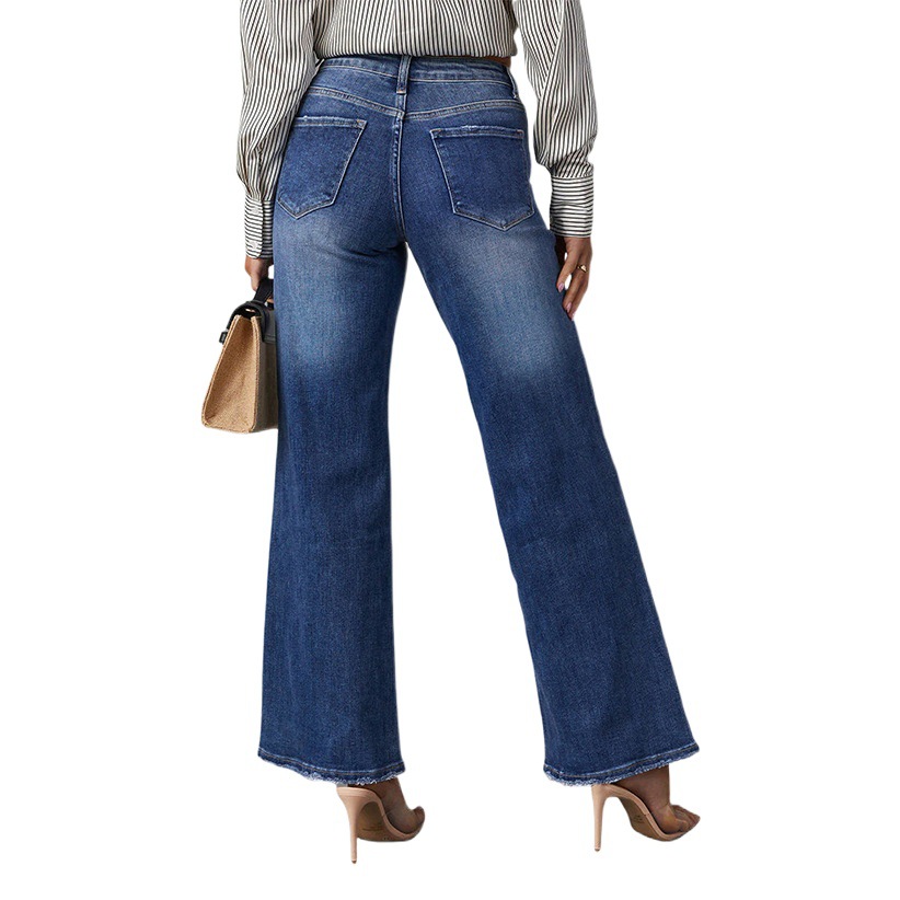 Cross-border Amazon independent station New washed dark blue straight high elastic women's Denim trousers super hot