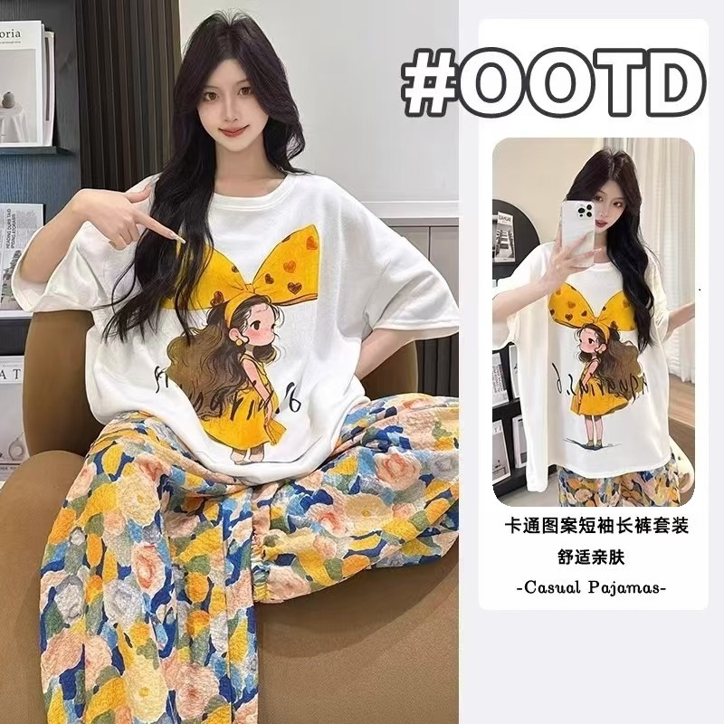 Picture of Pajamas Women's Spring and Autumn Summer Short-sleeved Trousers Large Size Loose Korean Style Fresh Cute Sweet Student Home Suit