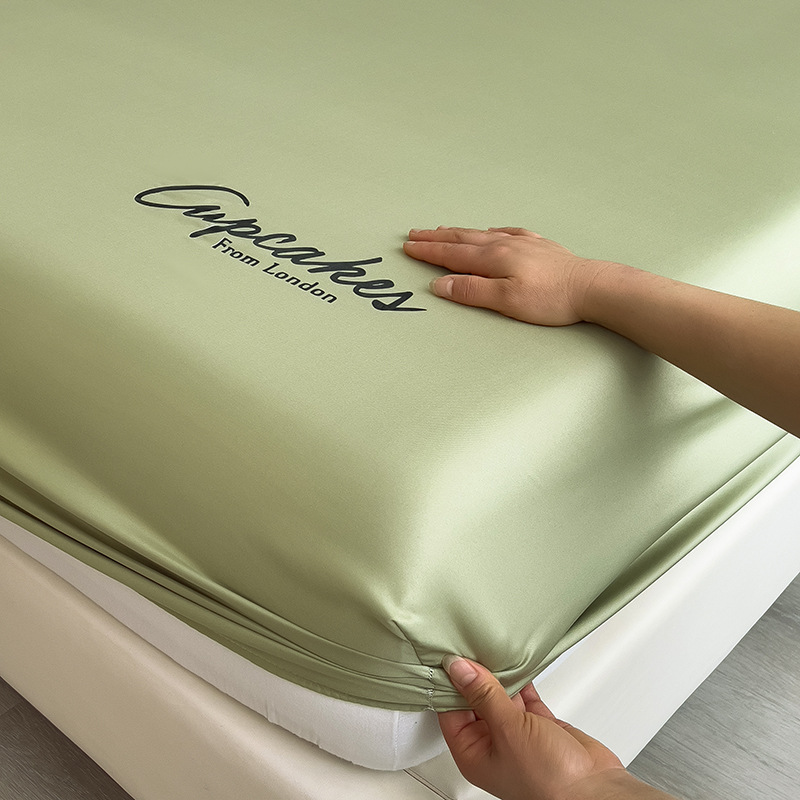Picture of Summer New Ice Silk Fitted Sheet Three-Piece Set with Letter Embroidery Mattress Protector Single Dormitory Bed Sheet Bed Cover