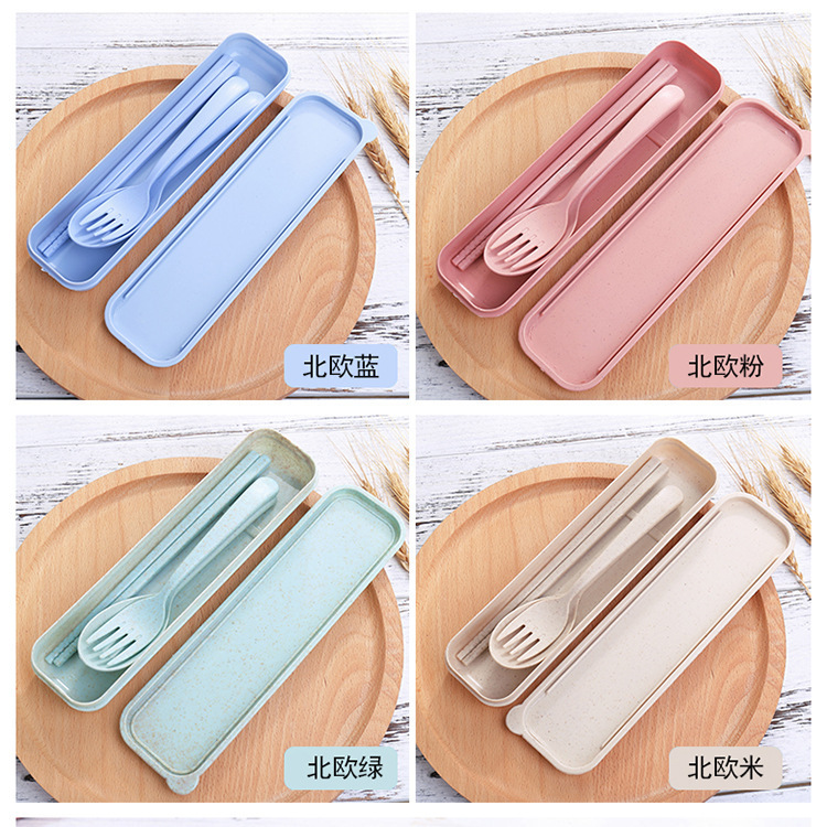 Picture of Wheat Straw Tableware Fork, Spoon and Chopsticks Three-Piece Set Scandinavian Color Kidsren's Outdoor Travel Picnic Portable Tableware Set