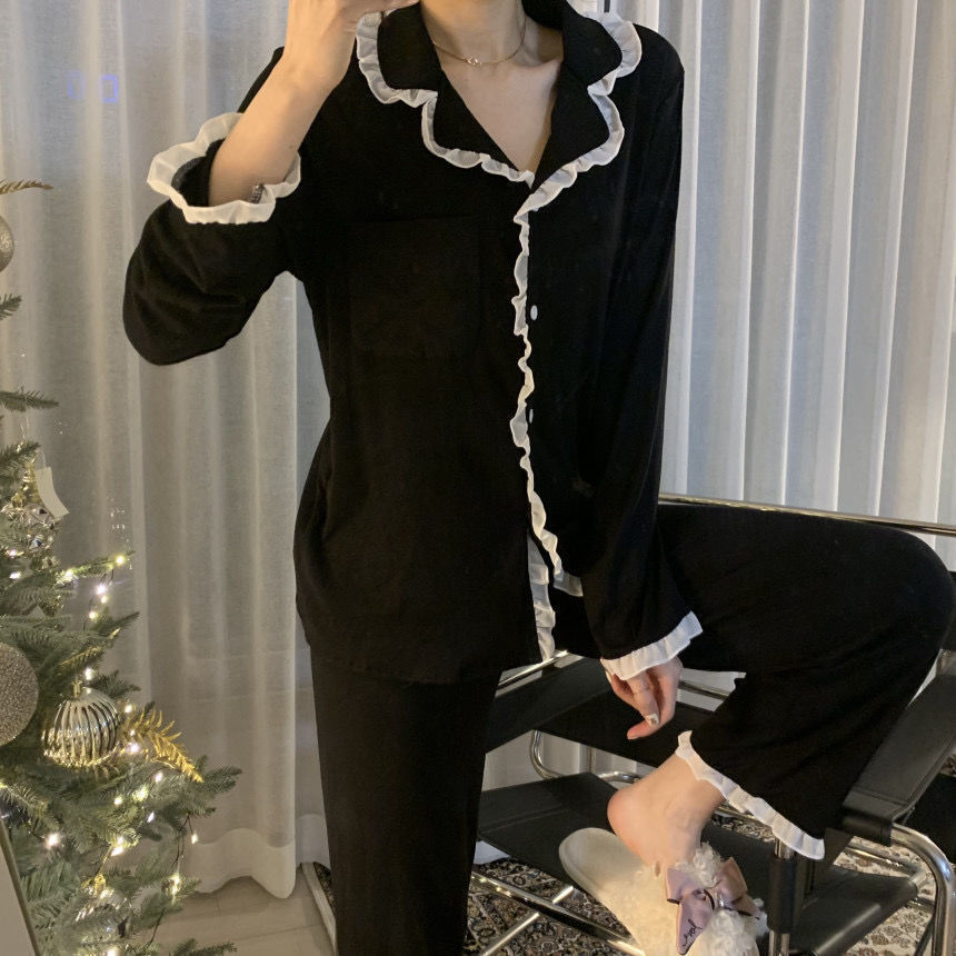 Picture of ins Cyber Celebrity Lace Long-sleeved Simple Black Spring and Autumn Long-sleeved Trousers Cardigan Pajamas Women's Sweet Loose Home Clothes