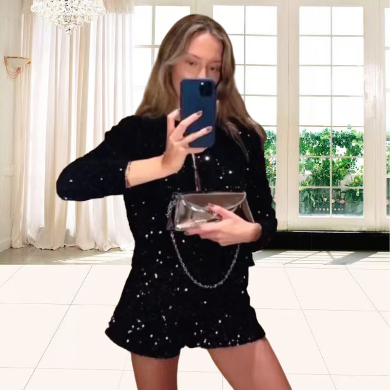 2024 Amazon new AliExpress autumn and winter sequined long sleeve round neck coat top sequined shorts two-piece set