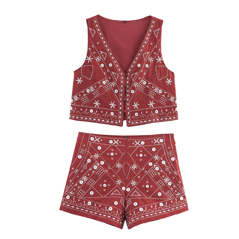 Cross-Border Export 2025 Summer New European and American Style Women's Fashion Casual Versatile Embroidered Vest Shorts 5770