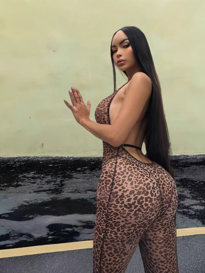 European and American Style 2024 Summer New Women's Fashion Trendy Pants Hanging Neck Leopard Print Tight Slim Fit Sexy Jumpsuit
