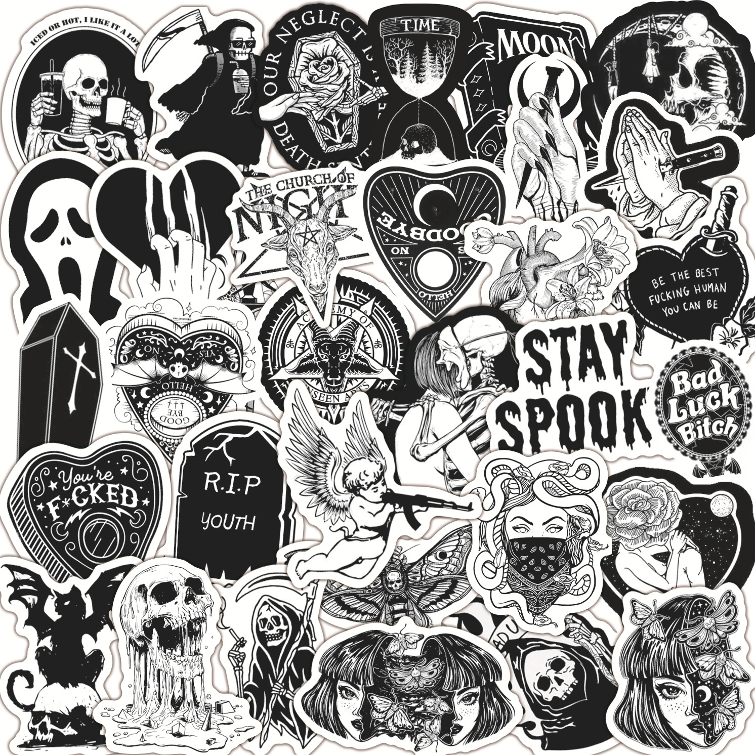 100 pieces mixed Gothic black and white collection water Cup luggage skateboard laptop waterproof stickers