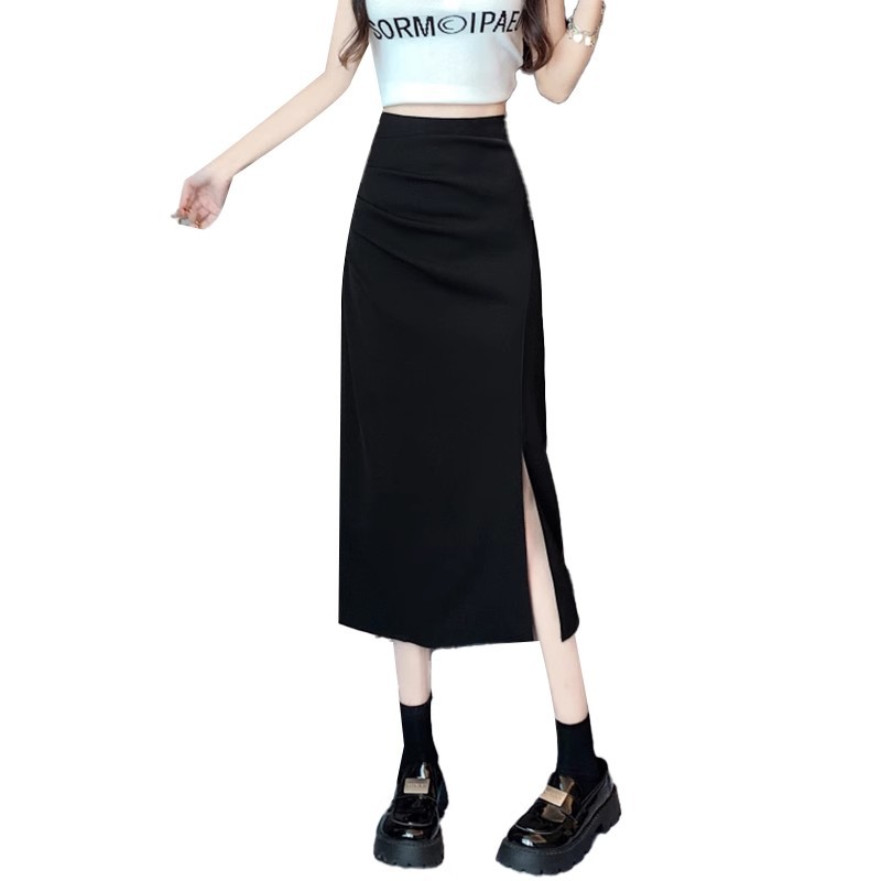 High Waist Split Hip Skirt Women's Summer 2024 New Arrival Irregular Pleated A- Line Skirt Mid-Length Skirt
