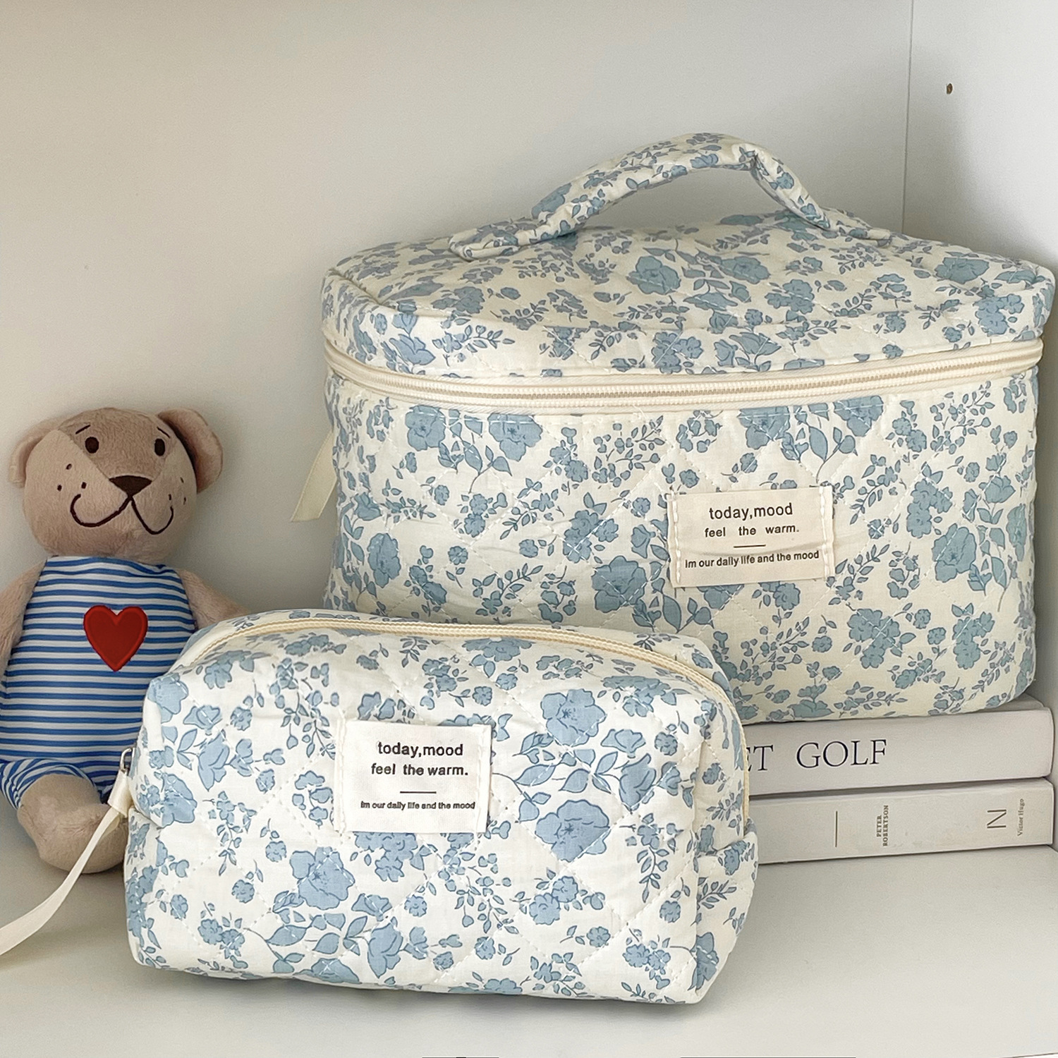 Picture of Blue Begonia Flower Cosmetic Bag Retro Student High-value Wash Bag Outgoing Portable Travel Storage Bag Octagon Bag