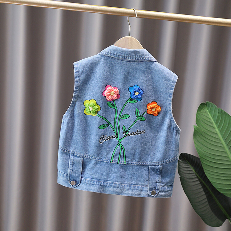 Picture of Girls' Denim vest spring and autumn Korean style children's wool flower letters casual all-match Western style sleeveless coat