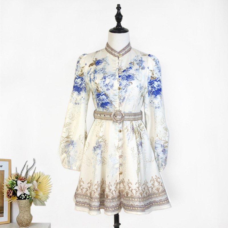 Cross-border foreign trade 2025 spring and summer new printed single-breasted exquisite flower buckle short A pendulum dress women's belt