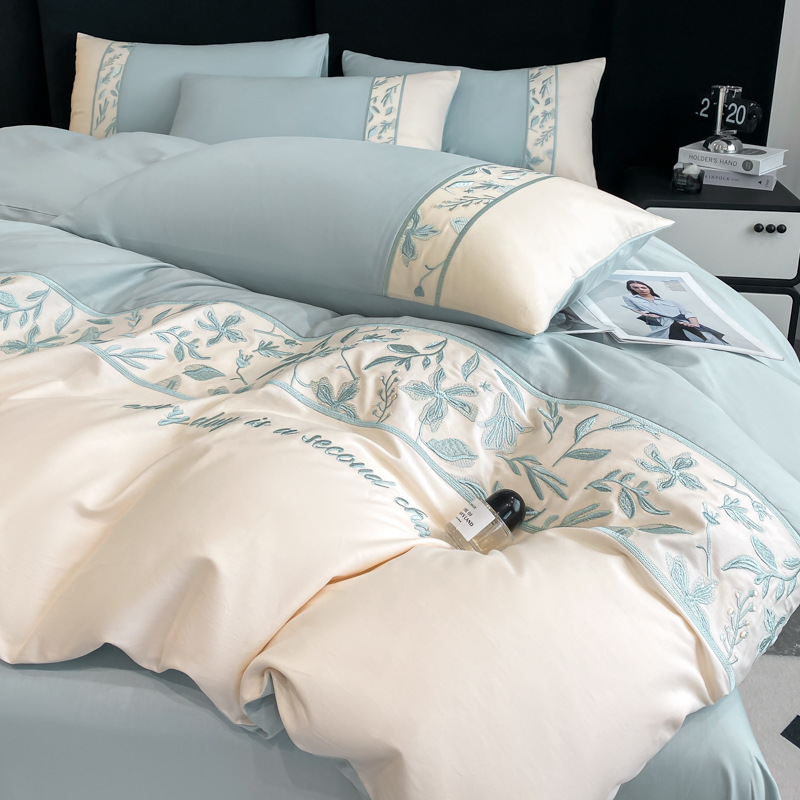 Light luxury 100 long-staple cotton four-piece set high-grade pure cotton bed sheet quilt cover cotton embroidery Four Seasons bedding 4