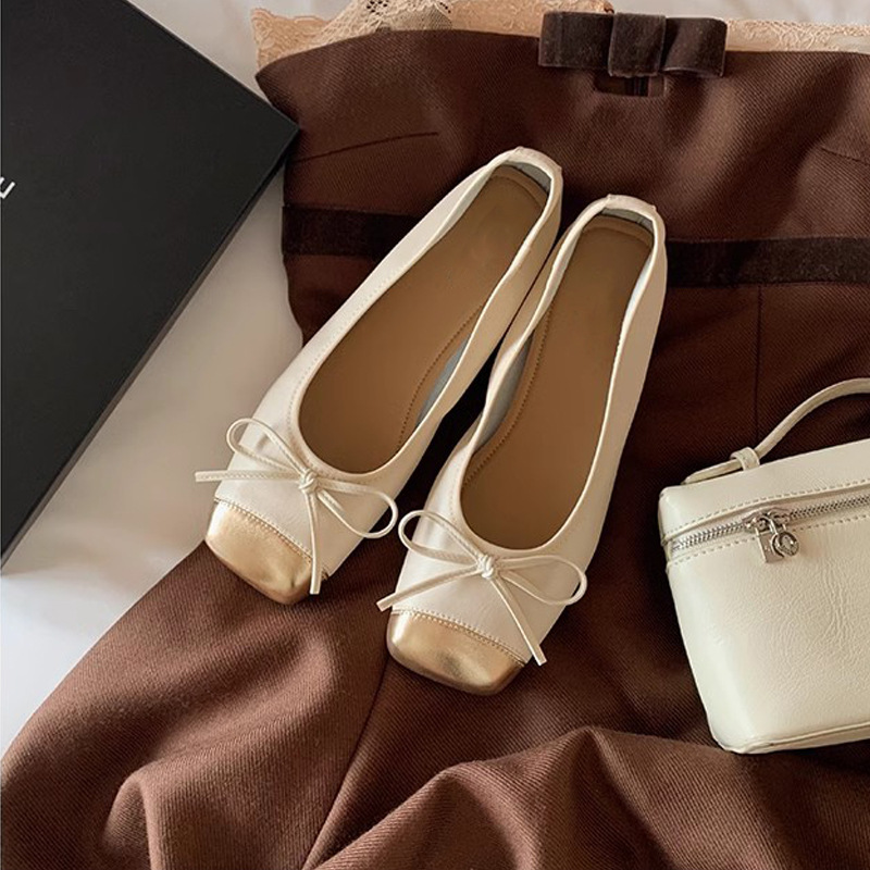 Grape Mother's Daughter Return Ballet Style Stitching Small Square Head Shallow Mouth One Pedal Flat Bow Flat Single Shoes for Women