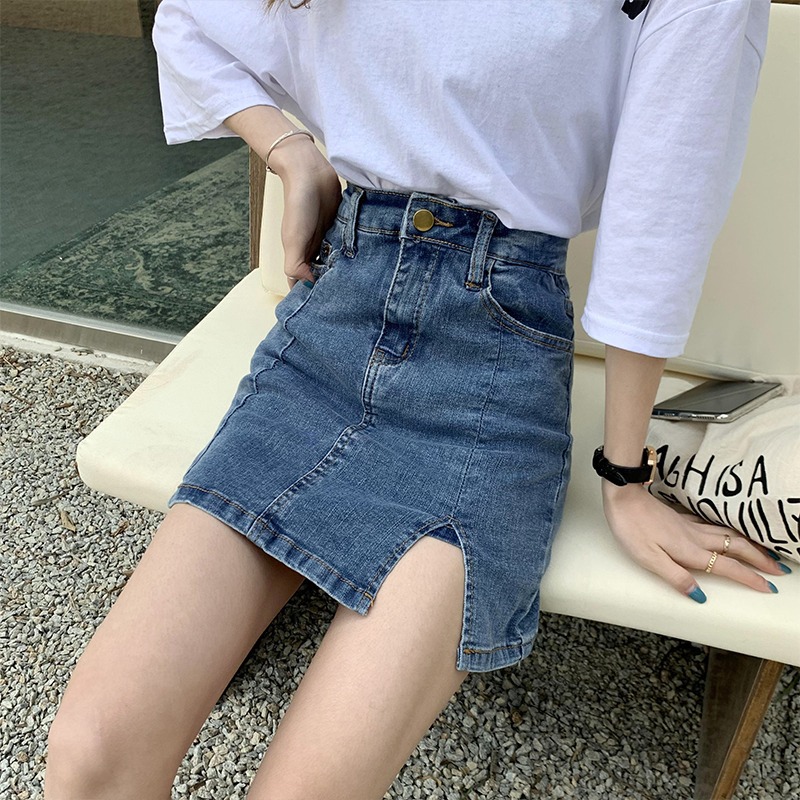 Skirt Women's Design Sense Stretch Summer 2021 New High Waist Slimming Hip Short Skirt A- Line Denim Culottes ins