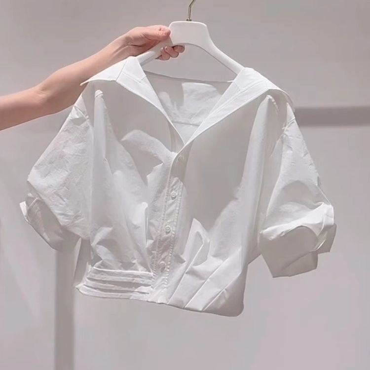 French Style White Lapel Short Versatile Shirt for Women Summer 2025 New Light Luxury Design Short-Sleeved Shirt