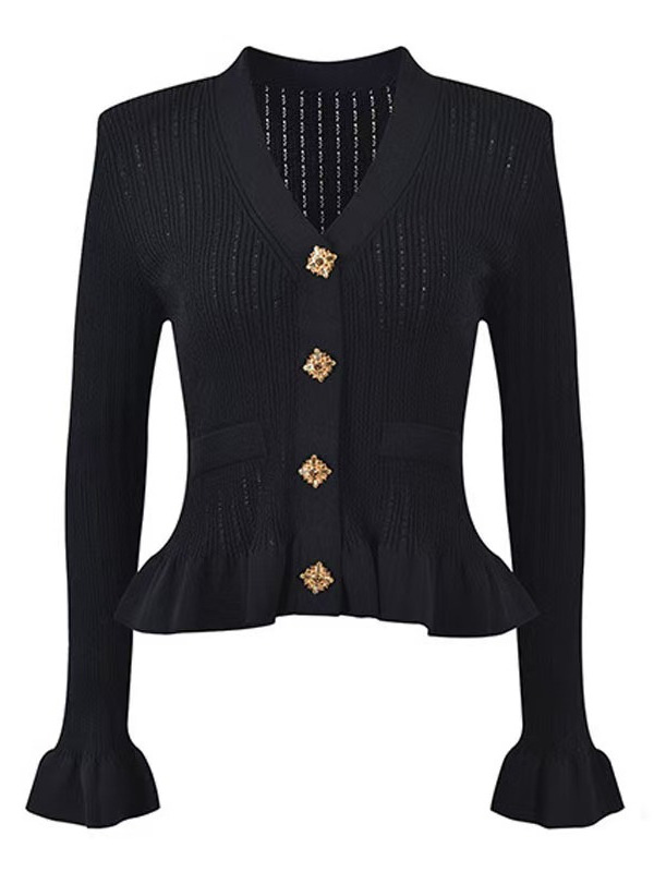 French-Style Elegant New V-Neck Knit Sweater with Long Sleeves, Hollow Design, Metal Buttons, and Ruffled Edges
