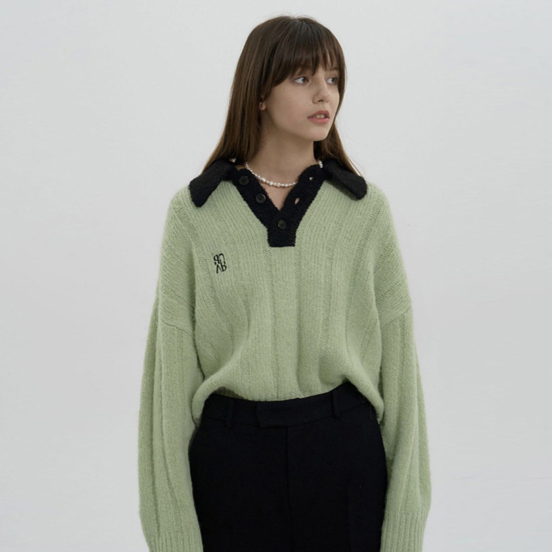 Picture of Lazy style Korean new autumn and winter mohair sweater buckle lapel pullover embroidered letters long sleeve sweater women