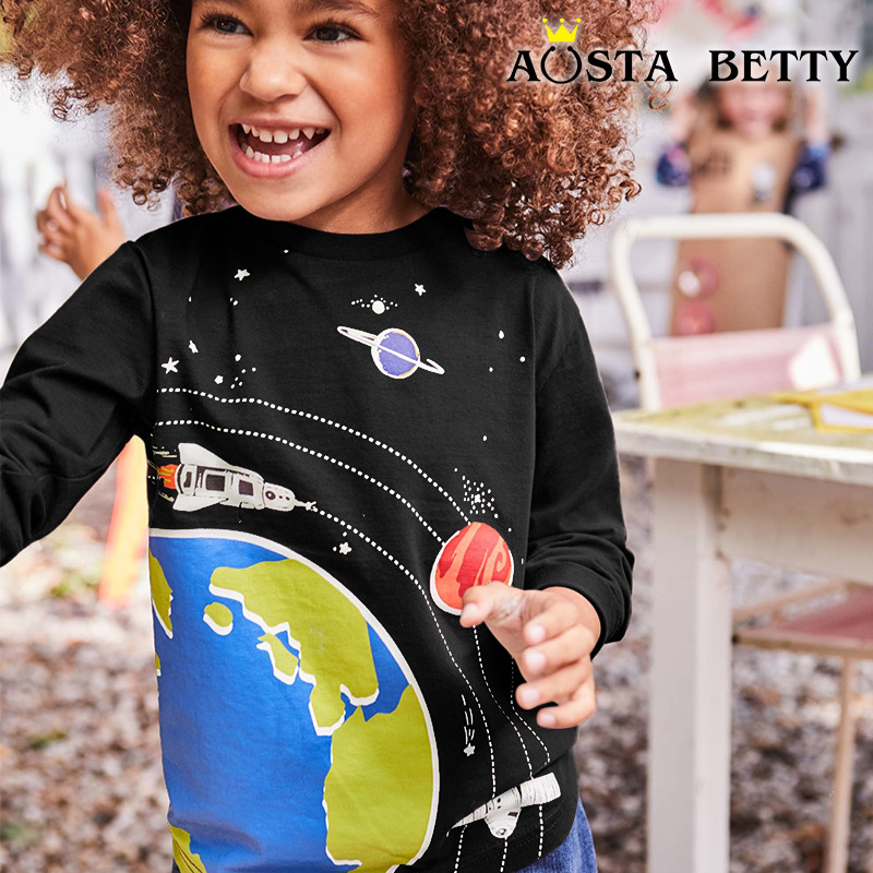 Picture of Cross-border Supply Boys' New Children's Autumn Long-sleeved T-shirt Cartoon Space Fluorescent Printed Base Top