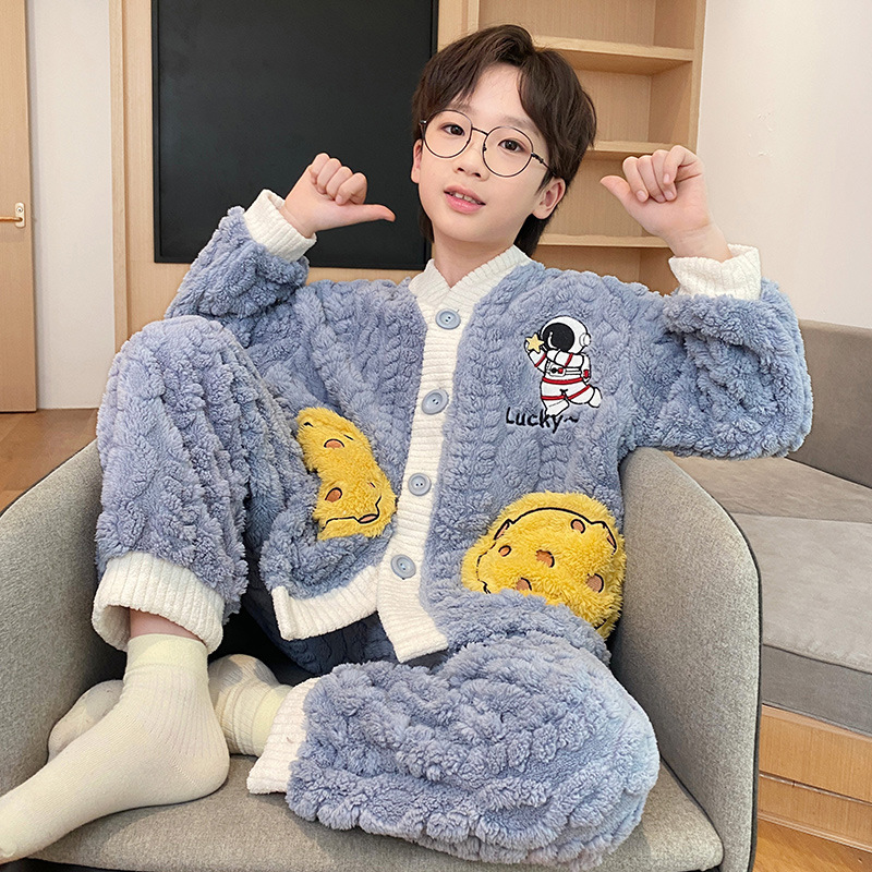 Picture of Children's coral fleece pajamas for boys autumn and winter 2024 new winter jacquard fleece home clothes for teenagers and little boys