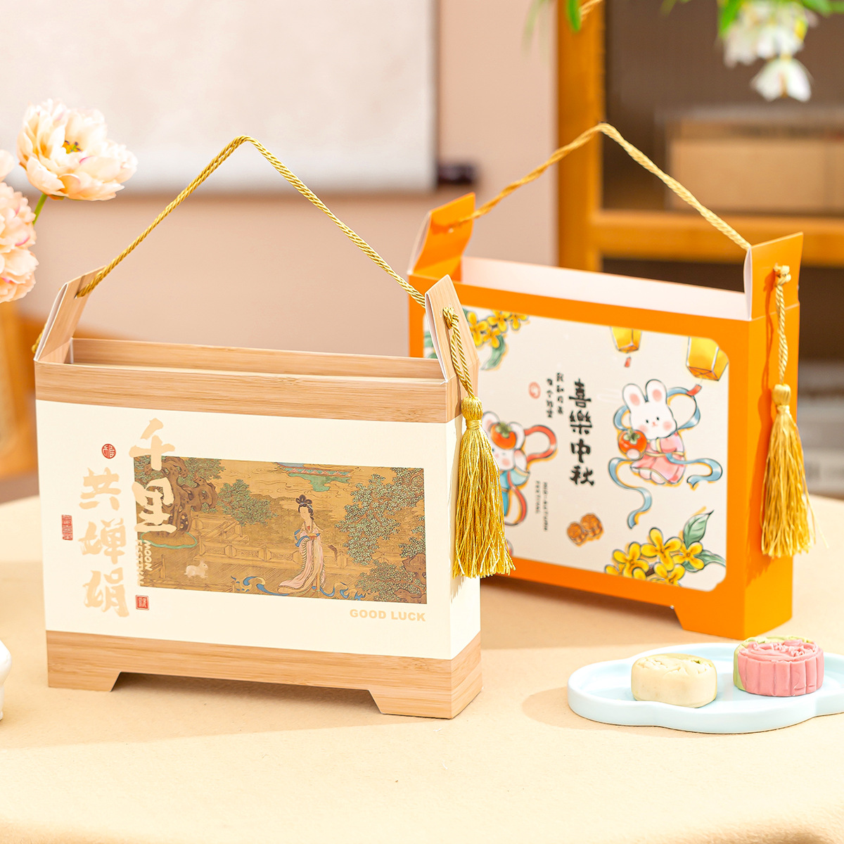 2025 New Mid-Autumn Festival Gift Box Chinoiserie 6-Piece Egg Yolk Cake Mooncake Packaging Tassel Satchel Stereo Tall Creative Packaging