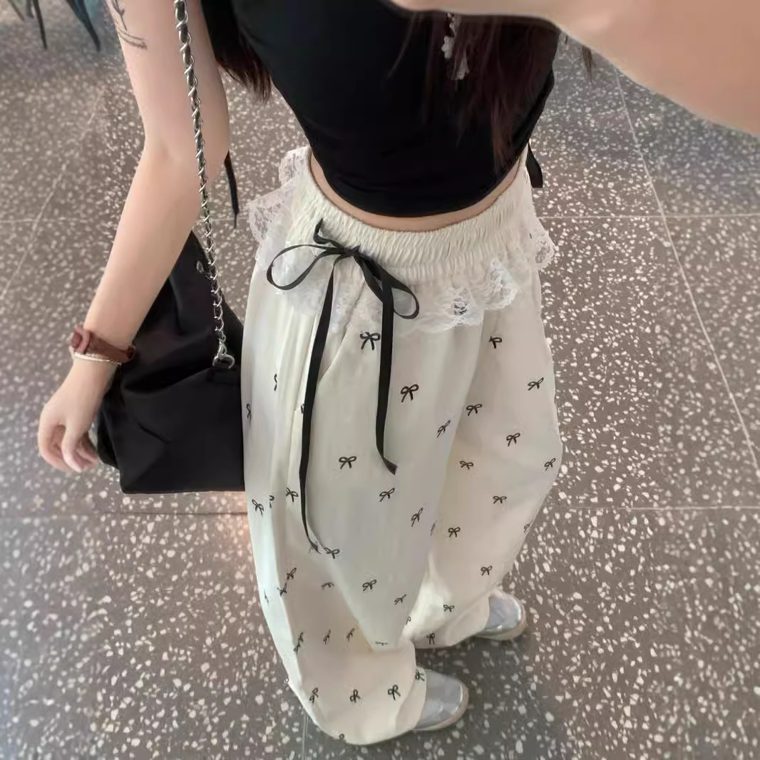 Picture of Sweet Spice Lace Stitching Casual Pants Bow Pants New Summer Loose Loose Waist Wide Pants Straight Leg Pants