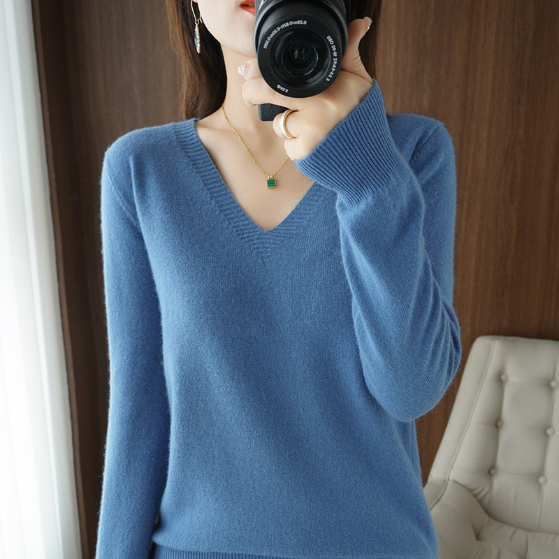 Picture of 2025 Spring New Pure Color V Neck Knitted Bottoming Shirt Pullover Slimming Look Sweater Thin Style Western Style Inner Wear