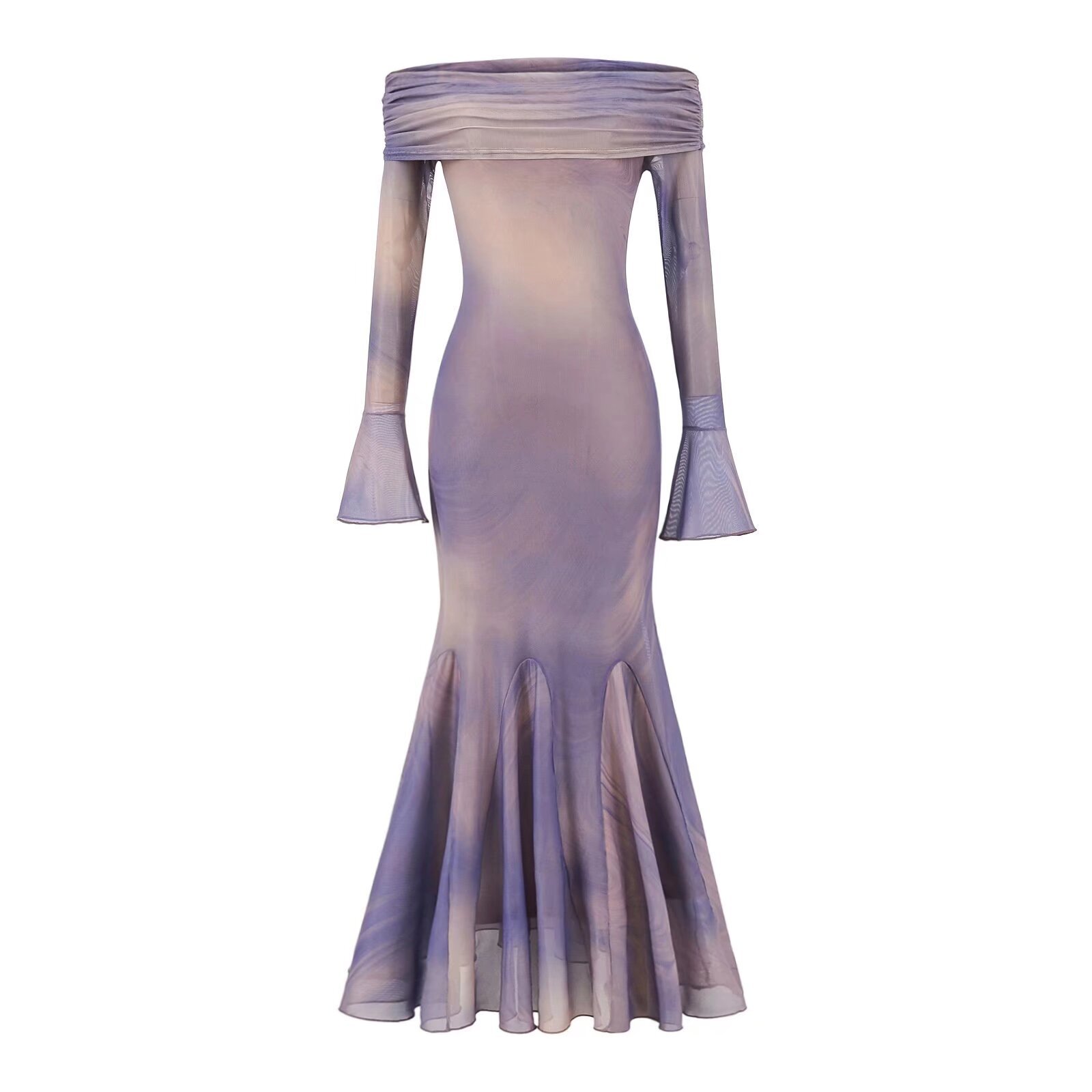 Early Spring New Style Women's European and American Style Retro Tie-Dye Printed Fishtail Long dress Dress with Collar Collar and Pleated Flare Sleeve