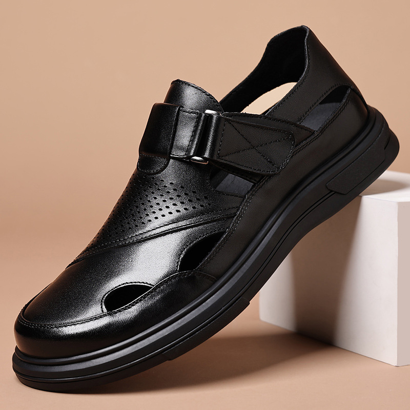 Hollow Shoes Men's Casual Shoes Genuine Leather Soft Leather Non-slip Middle-aged Dad Shoes One Foot Top Layer Cowhide Men's Sandals
