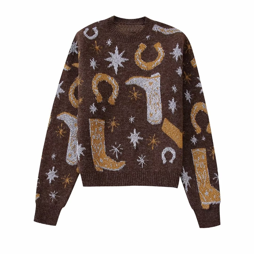 2025 Export Cross-Border Wholesale European and American Clothing Round Neck Jacquard Knitwear 221279