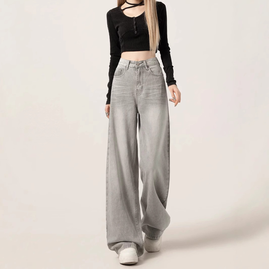 American Retro Wide-Leg Jeans for Women 2025 Summer New Gray High-Waisted Loose Slimming Straight Floor-Length Pants