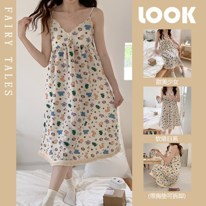 [Removable Chest Pad] Summer Nightgown Women's Cross-border Foam Cotton Wrinkled Cloth Sling Sweet Home Clothes for Hair