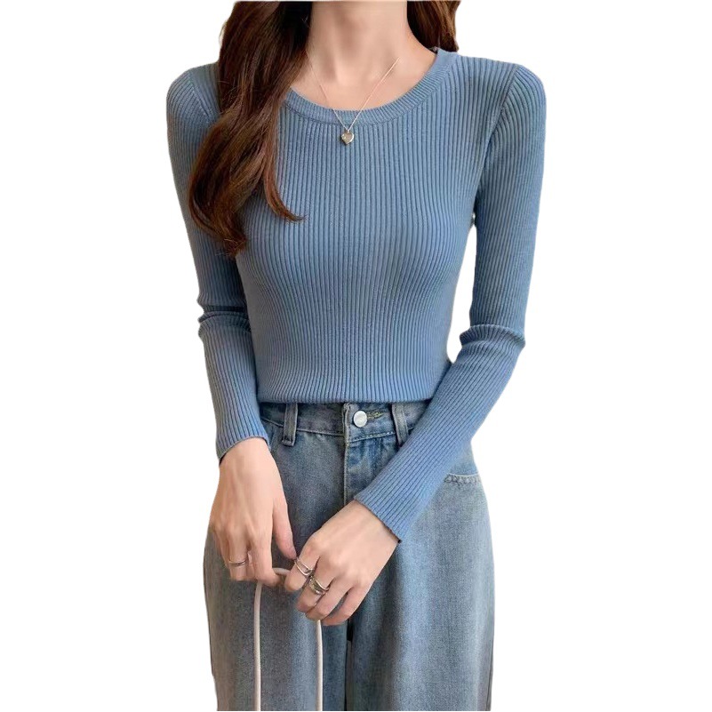 2023 Autumn and Winter New All-match Slim-fit Crewneck Long-sleeved Bottoming Sweater Styinky Explosions Low Neck Inner Sweater for Women