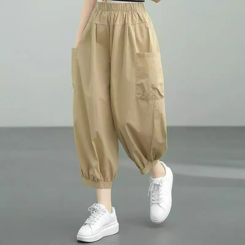Cotton Cropped Pants Leg Loose plus size Women's Slimming Hallen Pants Trendy 2023 Summer New High Waist Bloomers