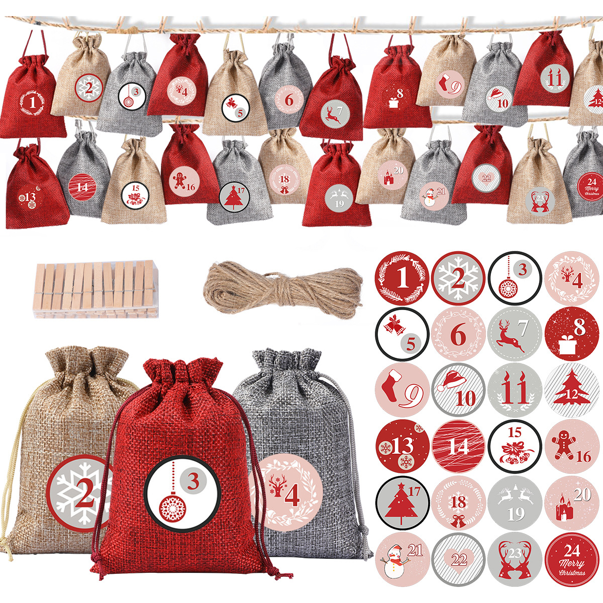 Christmas Gift Bag Set Countdown Calendar Digital Gift Bag Holiday Party Burlap Drawstring Bundle Pocket