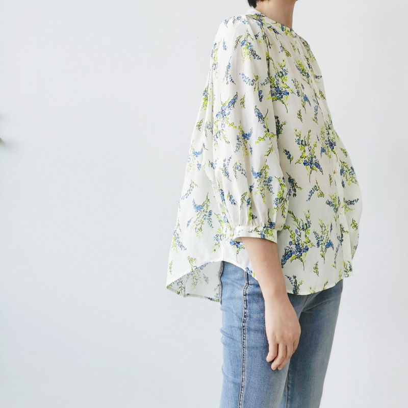 Picture of Does not support 7-day French holiday style silk cotton printed cropped lantern sleeve shirt women's loose button doll shirt
