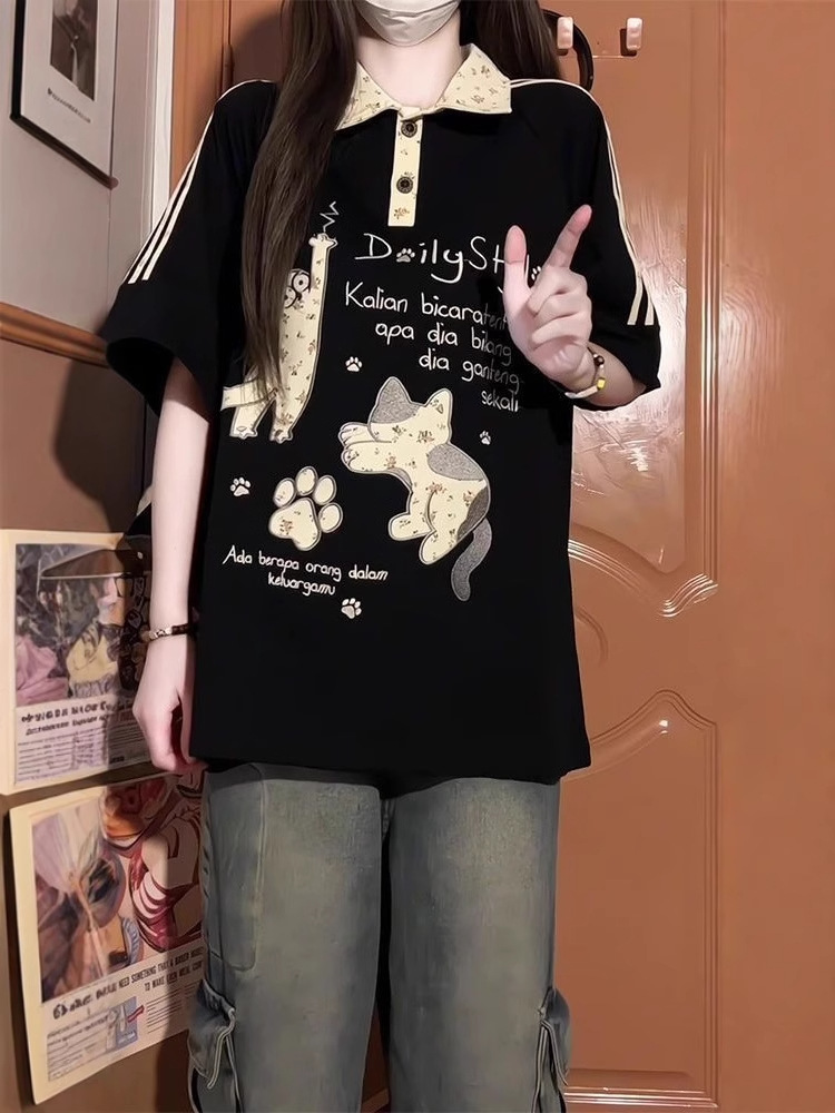 Small Floral Embroidered Cat Polo Collar Short-Sleeved T-Shirt for Women Summer Loose Japanese Style Sweet Design Niche Top