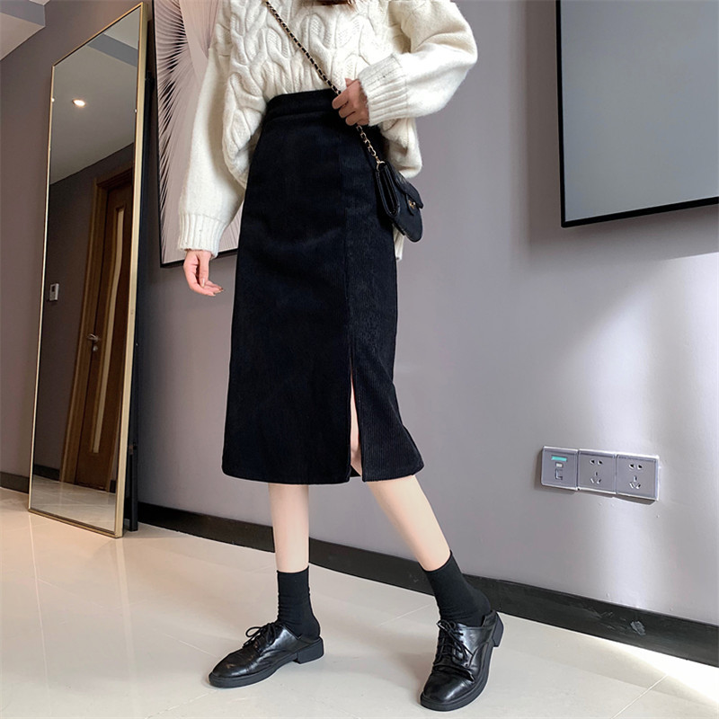 Picture of Autumn and Winter Split A- shaped Skirt 2021 New Style Western Style High Waist Slimming Corduroy Solid Color All-match Hip Skirt
