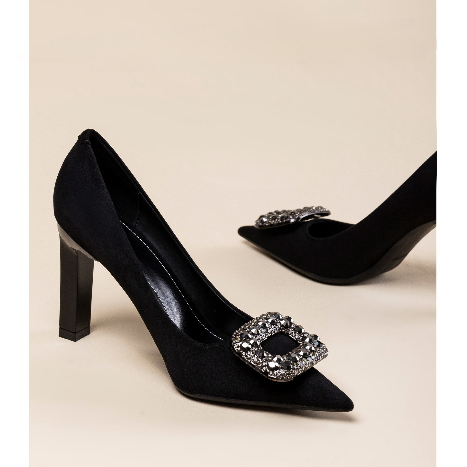 Elegant Professional Black Super High Heels Women's 2024 New Pointed Rhinestone High-grade Style Heavy Heel Shoes for Work and Work