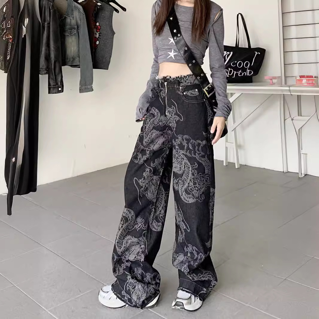 Picture of American National Trend Dragon Pattern Print Sense of Design Design Raw Edge Wide Leg Jeans for Women High Waist Loose Slimming Look Floor Mopping Pants