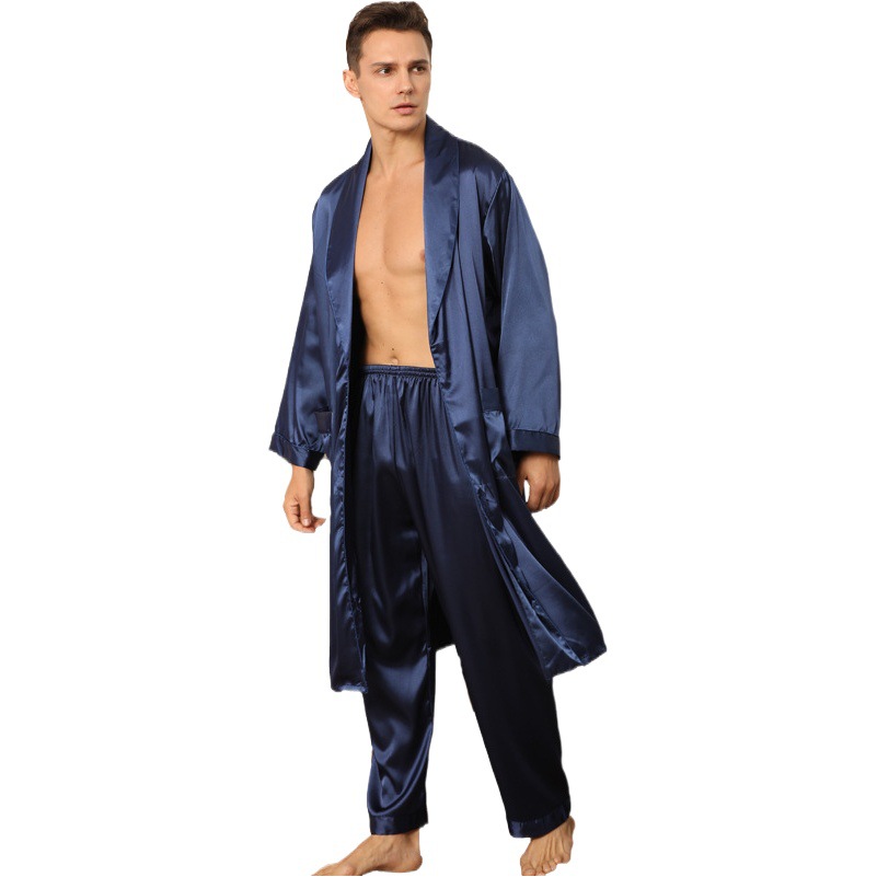 Cross-border European size bathrobe men's silk nightgown trousers two-piece suit summer thin long sleeve pajamas T815