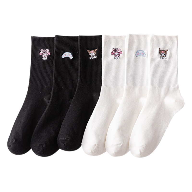 Autumn and Winter puppy embroidery socks women's mid-calf Cotton solid color cotton socks black and white ins trendy striped stockings