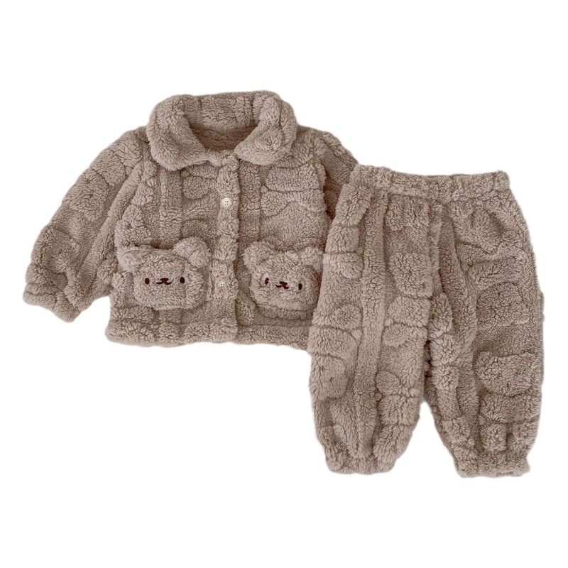 New Autumn and Winter Baby Home Clothes Set Cute Bear Plush Outwear Kidsren's Baby Velvet Pajamas Two-Piece Set