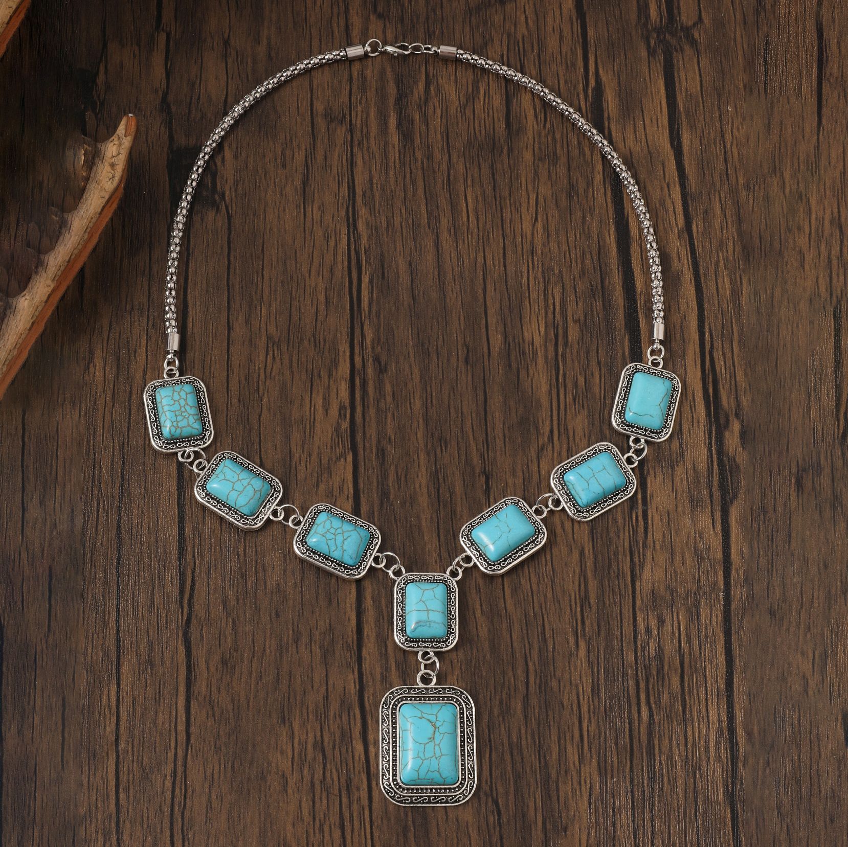 Cross border new square turquoise bracelet necklace earrings suit Bohemia vintage jewelry wholesale
