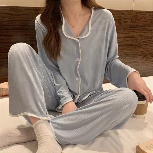 Picture of ins Cyber Celebrity Lace Long-sleeved Simple Black Spring and Autumn Long-sleeved Trousers Cardigan Pajamas Women's Sweet Loose Home Clothes