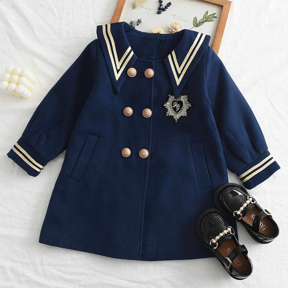 Girls' 2023 Autumn and Winter New Arrival Navy Style Woolen Coat Children's Korean Style Western Style Long Sleeve College Style Coat Trendy