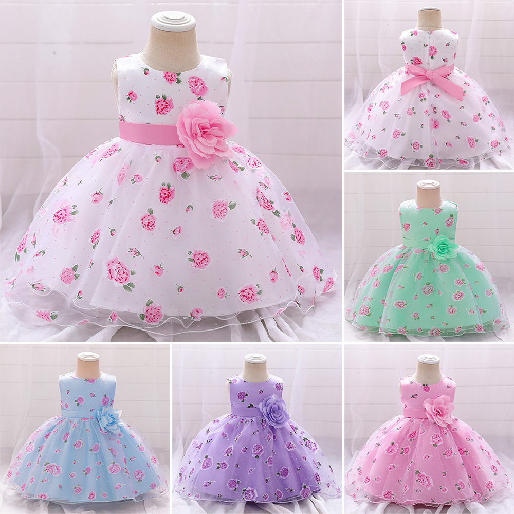 Picture of European and American style printed dress children's flower princess dress flower girl's wedding dress girl's baby one-year-old dress