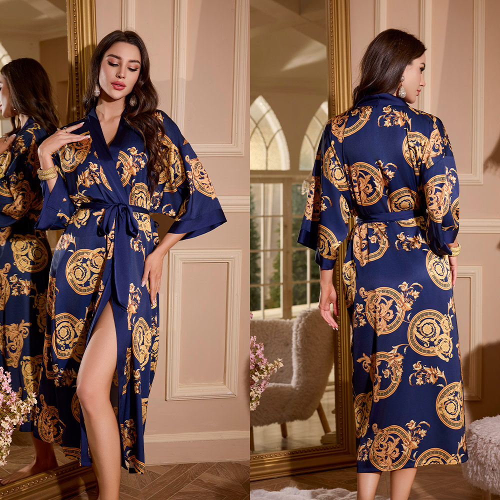 Picture of Yaoting Satin Printed Pajamas for Women Summer Large Size Accessible Luxury Three-Quarter Sleeves Cool Long Nightgown Home Wear Women Wp2669